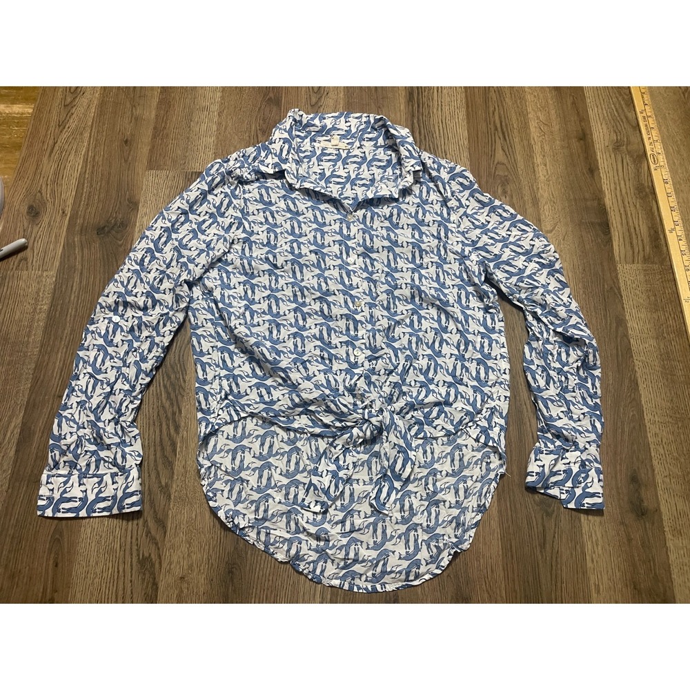 Jane & Delancy Blouse, Women's Size Medium, Blue White, Button Up, Allover Print